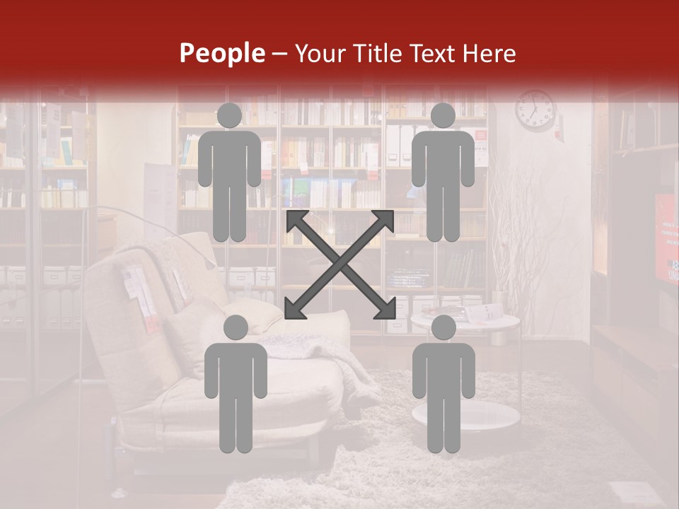 A Living Room With A Couch And Bookshelf PowerPoint Template