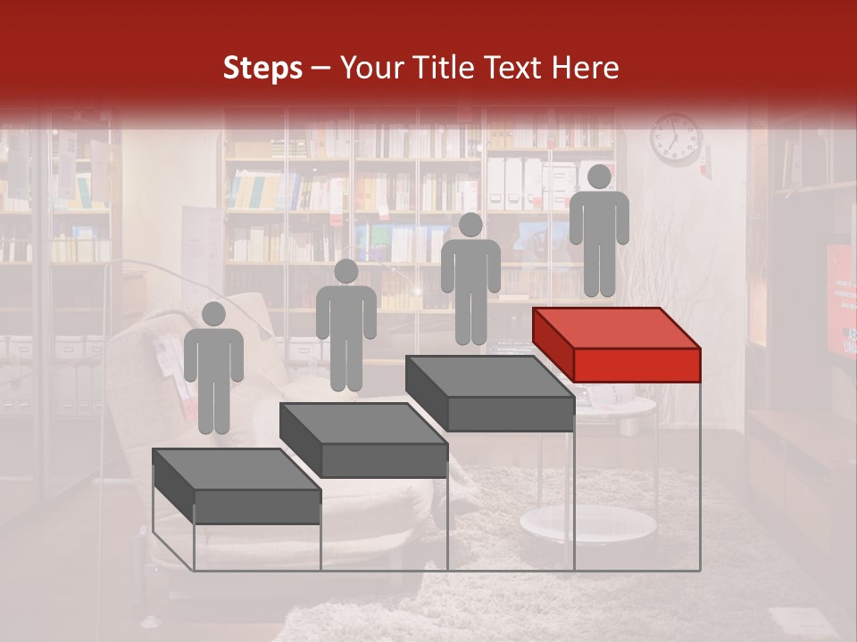 A Living Room With A Couch And Bookshelf PowerPoint Template