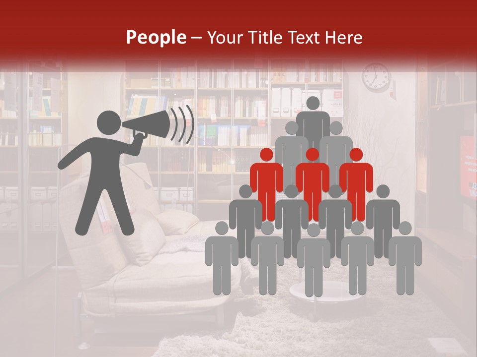 A Living Room With A Couch And Bookshelf PowerPoint Template