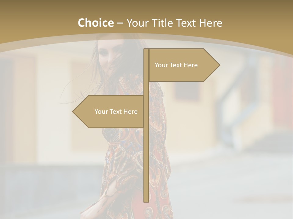 A Woman In An Orange Dress Is Walking Down The Street PowerPoint Template