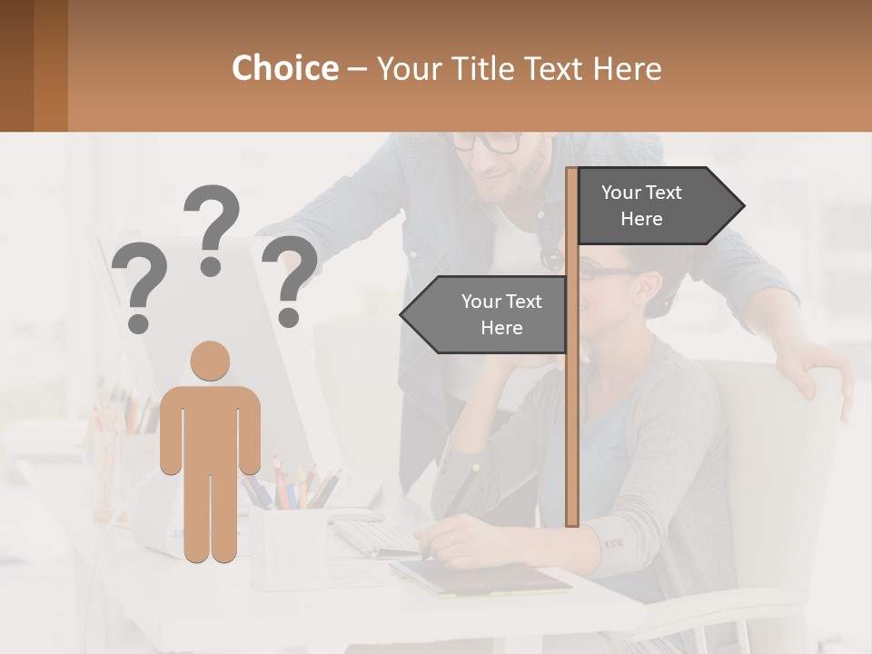 A Man And A Woman Sitting At A Desk Looking At A Computer Screen PowerPoint Template