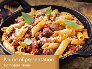 A Skillet Filled With Pasta And Meat On Top Of A Wooden Table PowerPoint Template