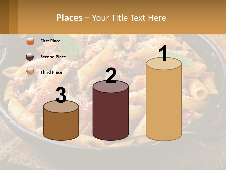 A Skillet Filled With Pasta And Meat On Top Of A Wooden Table PowerPoint Template