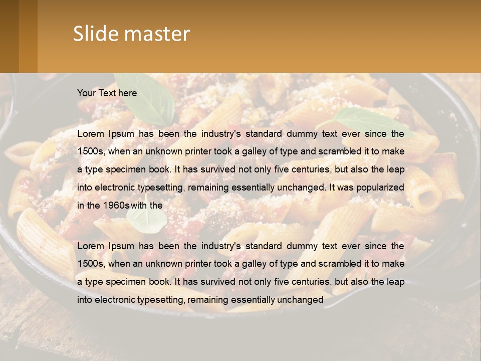 A Skillet Filled With Pasta And Meat On Top Of A Wooden Table PowerPoint Template