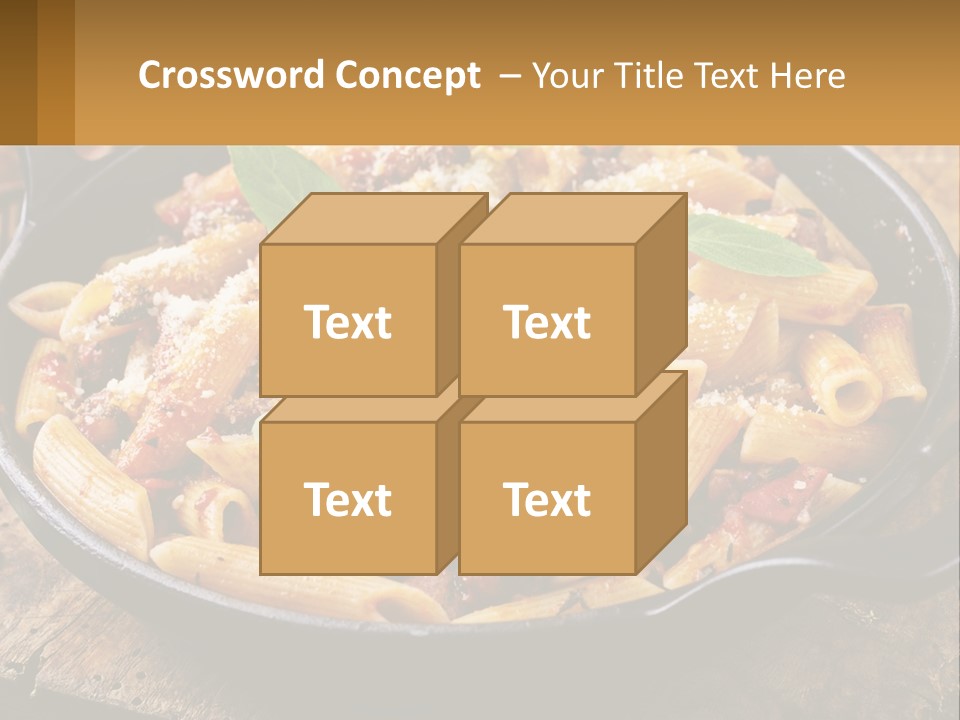 A Skillet Filled With Pasta And Meat On Top Of A Wooden Table PowerPoint Template