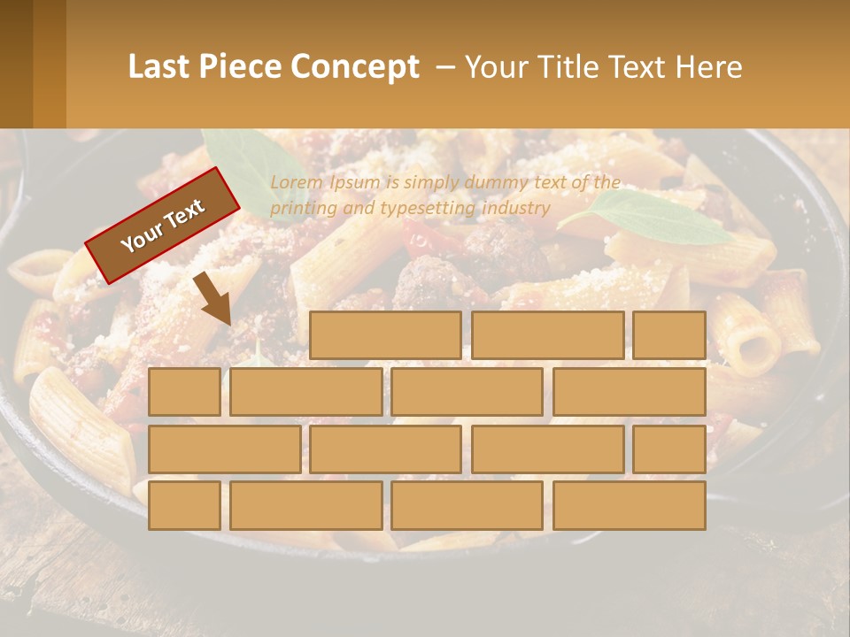 A Skillet Filled With Pasta And Meat On Top Of A Wooden Table PowerPoint Template