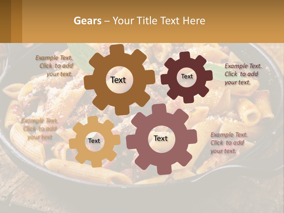 A Skillet Filled With Pasta And Meat On Top Of A Wooden Table PowerPoint Template