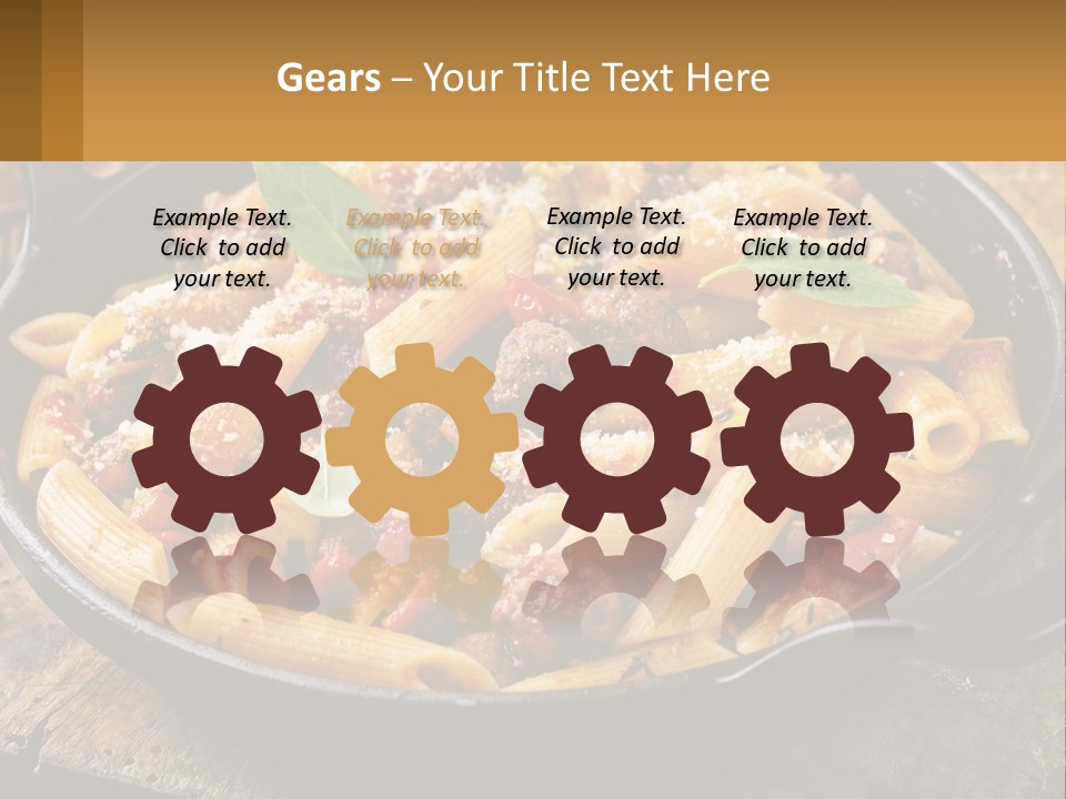 A Skillet Filled With Pasta And Meat On Top Of A Wooden Table PowerPoint Template
