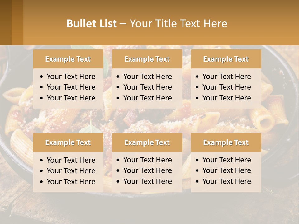 A Skillet Filled With Pasta And Meat On Top Of A Wooden Table PowerPoint Template
