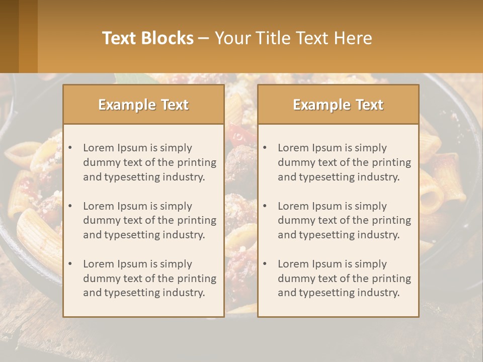 A Skillet Filled With Pasta And Meat On Top Of A Wooden Table PowerPoint Template