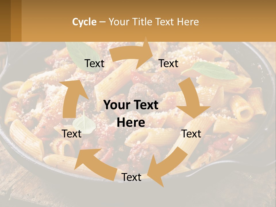 A Skillet Filled With Pasta And Meat On Top Of A Wooden Table PowerPoint Template