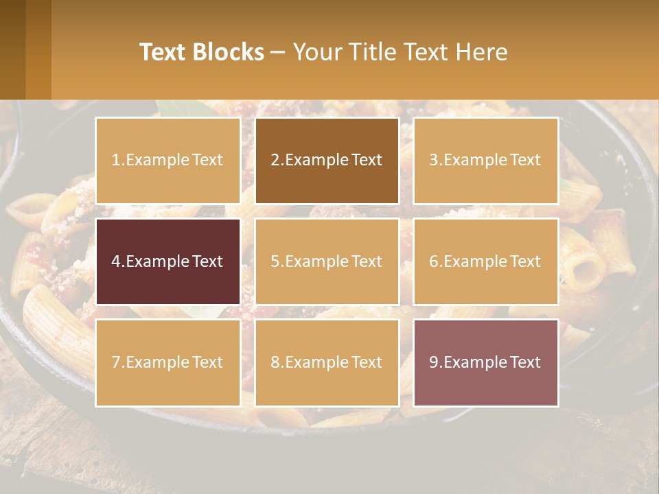 A Skillet Filled With Pasta And Meat On Top Of A Wooden Table PowerPoint Template