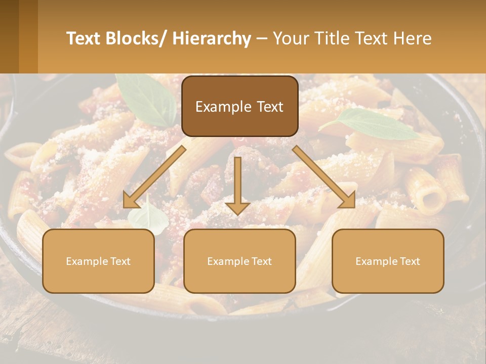 A Skillet Filled With Pasta And Meat On Top Of A Wooden Table PowerPoint Template