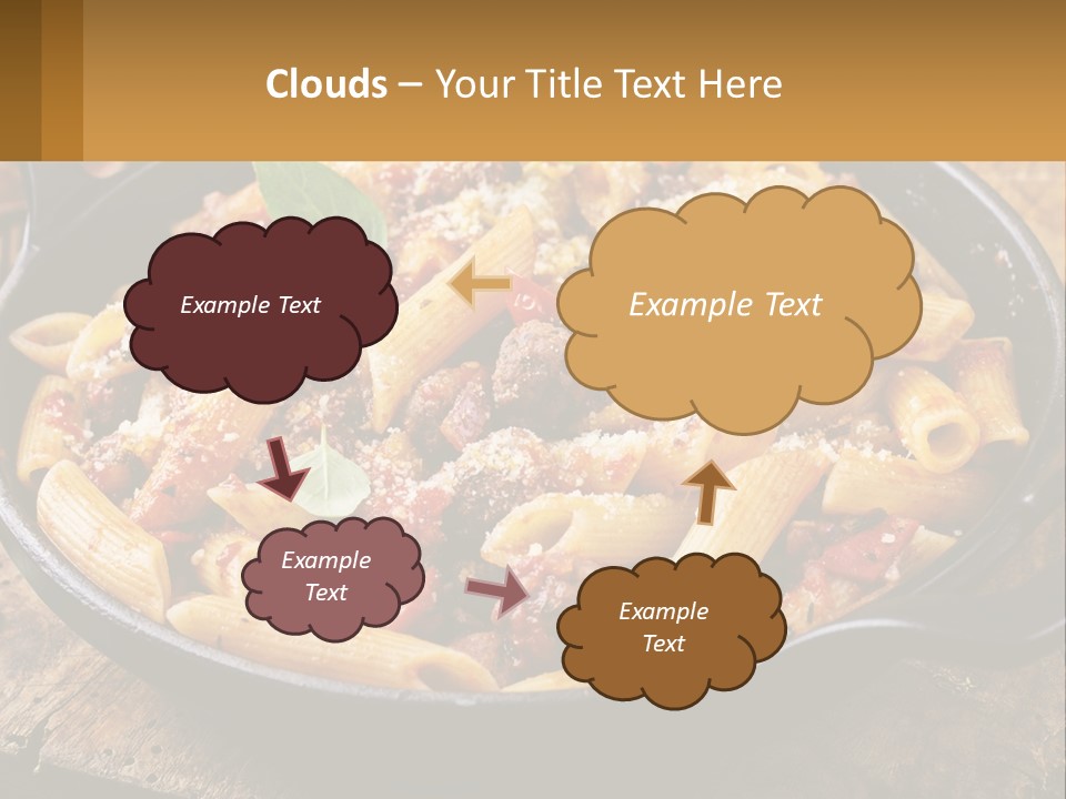 A Skillet Filled With Pasta And Meat On Top Of A Wooden Table PowerPoint Template