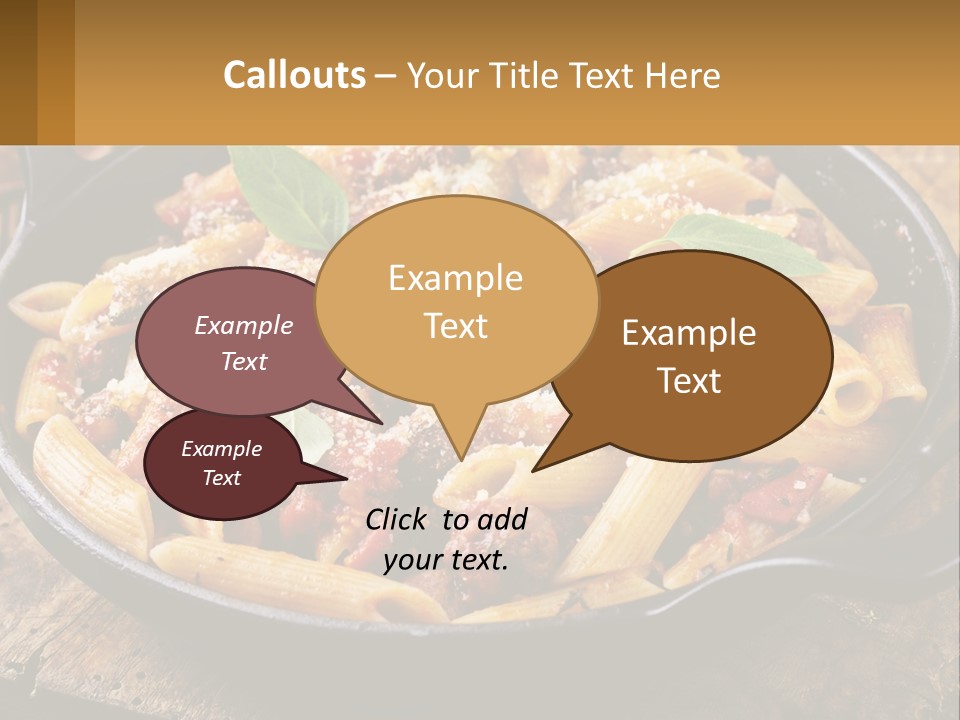 A Skillet Filled With Pasta And Meat On Top Of A Wooden Table PowerPoint Template