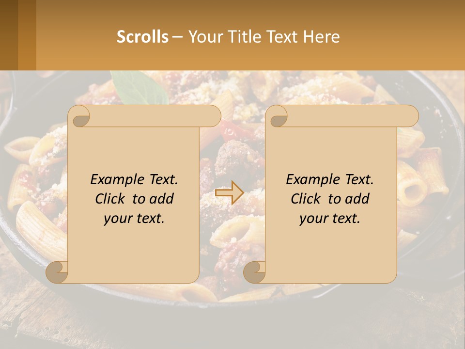 A Skillet Filled With Pasta And Meat On Top Of A Wooden Table PowerPoint Template