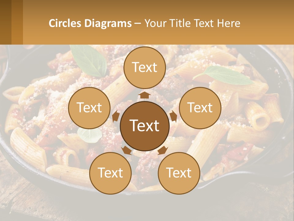 A Skillet Filled With Pasta And Meat On Top Of A Wooden Table PowerPoint Template