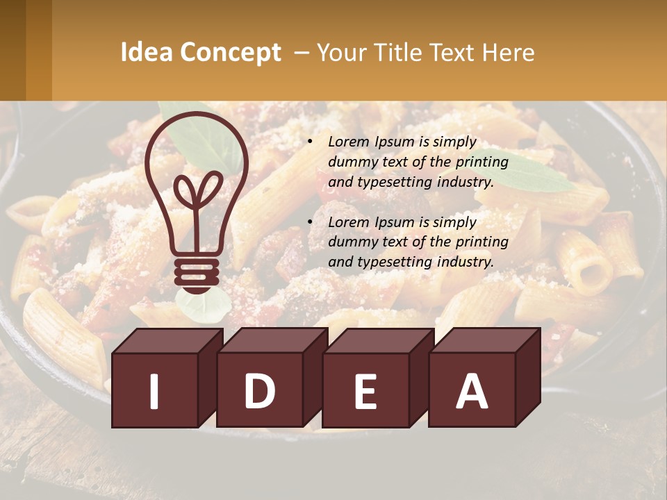 A Skillet Filled With Pasta And Meat On Top Of A Wooden Table PowerPoint Template