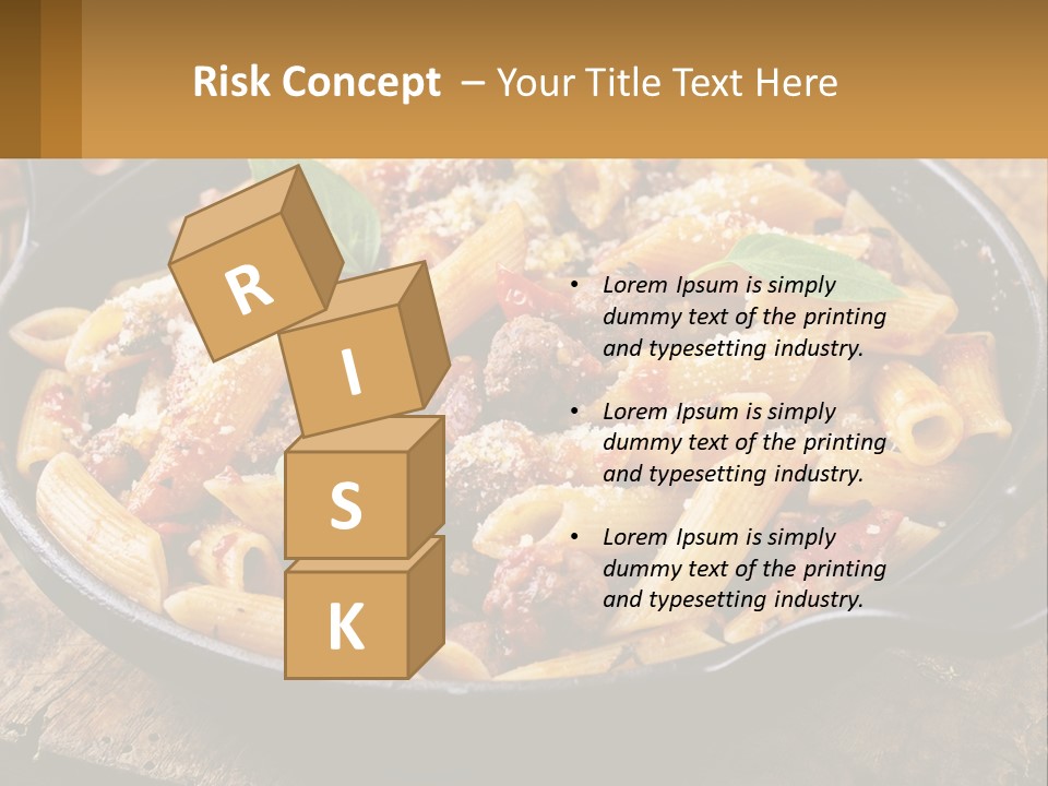 A Skillet Filled With Pasta And Meat On Top Of A Wooden Table PowerPoint Template