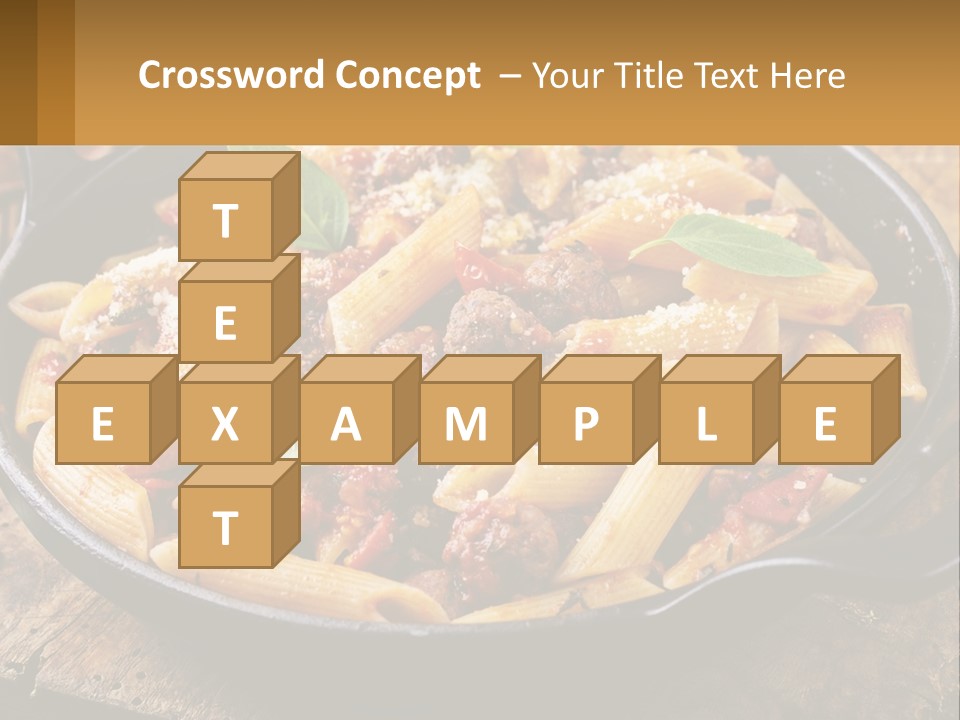 A Skillet Filled With Pasta And Meat On Top Of A Wooden Table PowerPoint Template