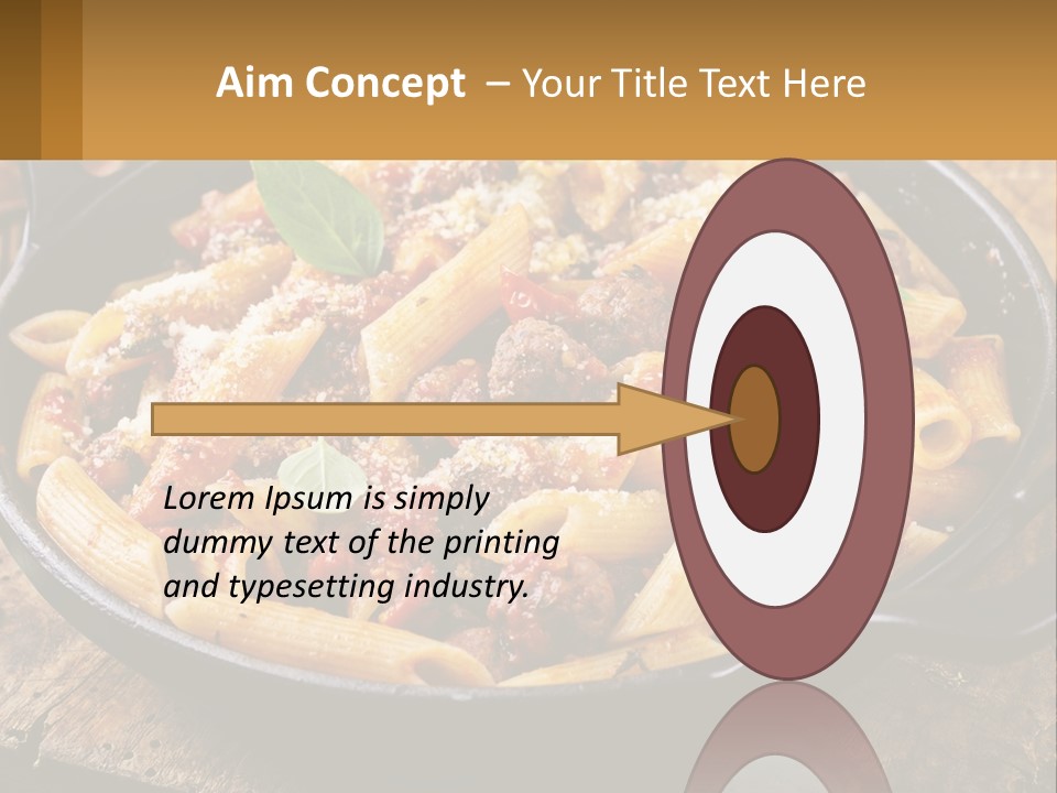 A Skillet Filled With Pasta And Meat On Top Of A Wooden Table PowerPoint Template