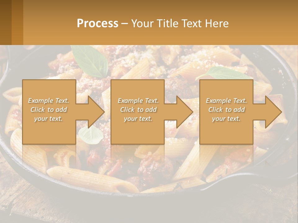 A Skillet Filled With Pasta And Meat On Top Of A Wooden Table PowerPoint Template