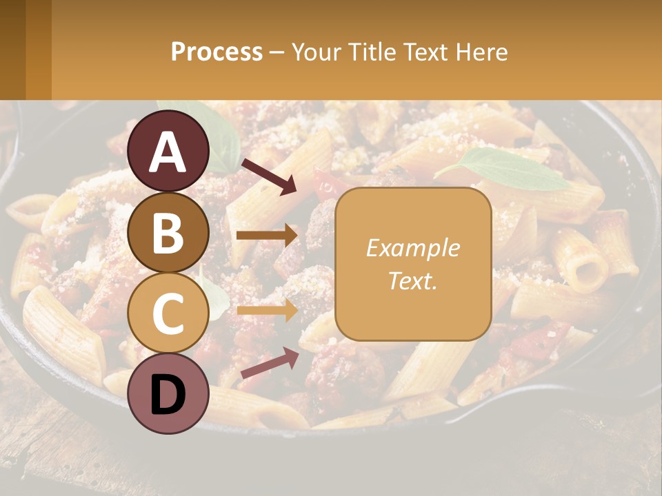 A Skillet Filled With Pasta And Meat On Top Of A Wooden Table PowerPoint Template