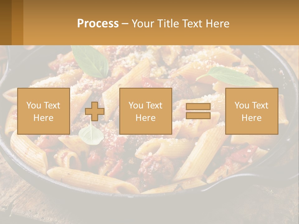 A Skillet Filled With Pasta And Meat On Top Of A Wooden Table PowerPoint Template