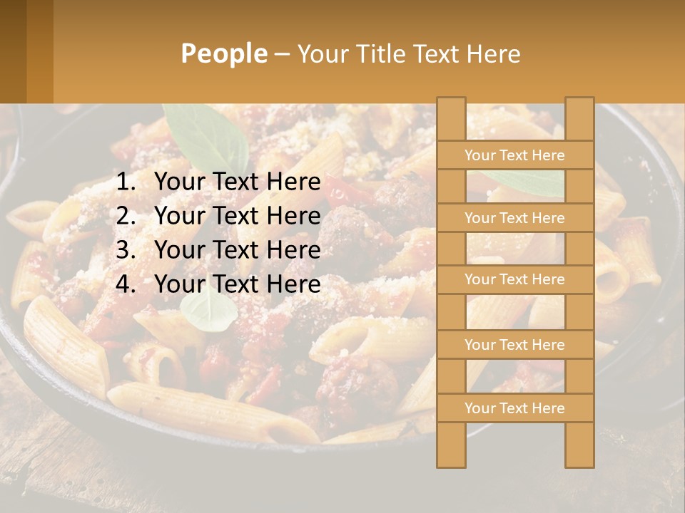 A Skillet Filled With Pasta And Meat On Top Of A Wooden Table PowerPoint Template