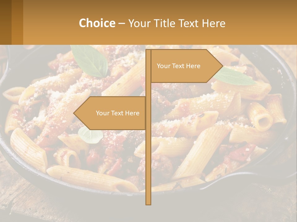 A Skillet Filled With Pasta And Meat On Top Of A Wooden Table PowerPoint Template