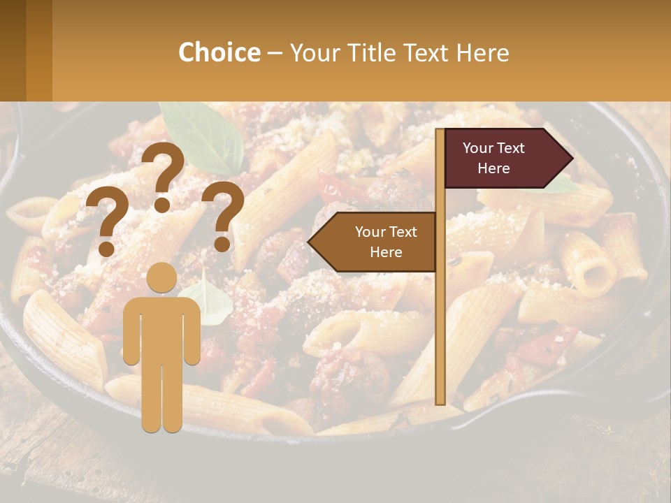 A Skillet Filled With Pasta And Meat On Top Of A Wooden Table PowerPoint Template