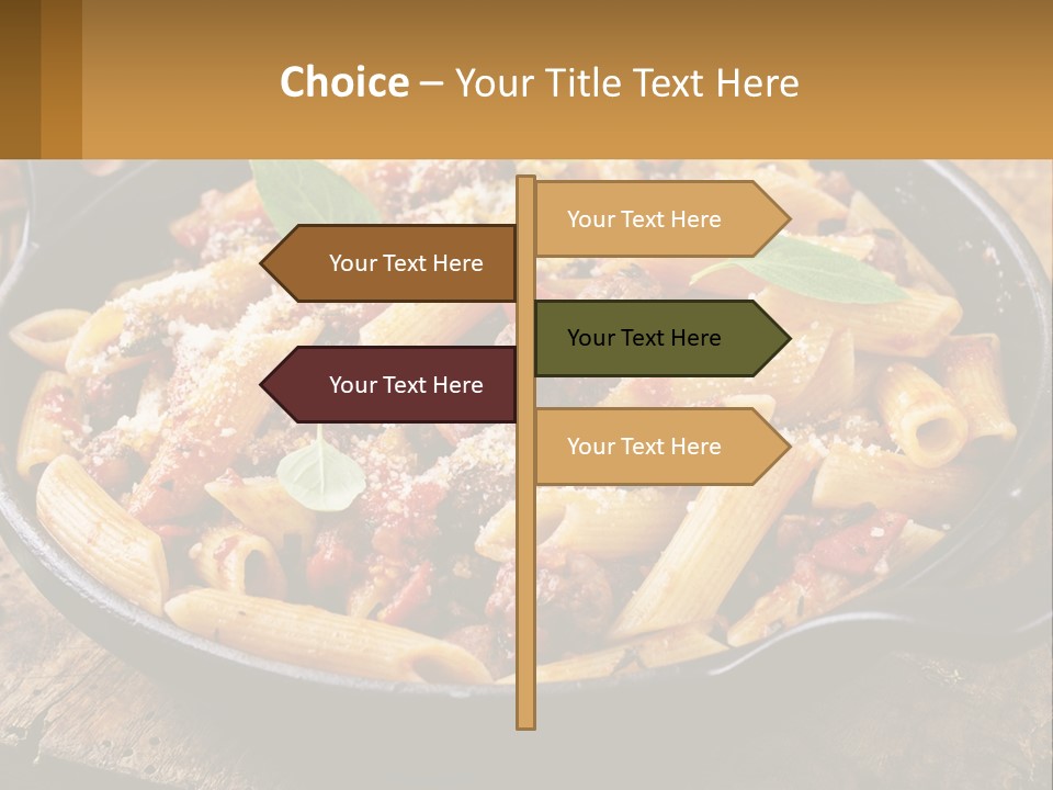 A Skillet Filled With Pasta And Meat On Top Of A Wooden Table PowerPoint Template