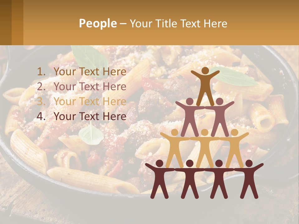 A Skillet Filled With Pasta And Meat On Top Of A Wooden Table PowerPoint Template