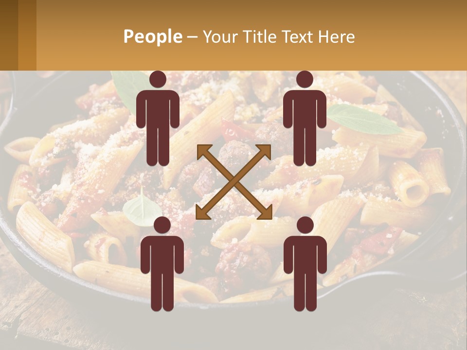A Skillet Filled With Pasta And Meat On Top Of A Wooden Table PowerPoint Template