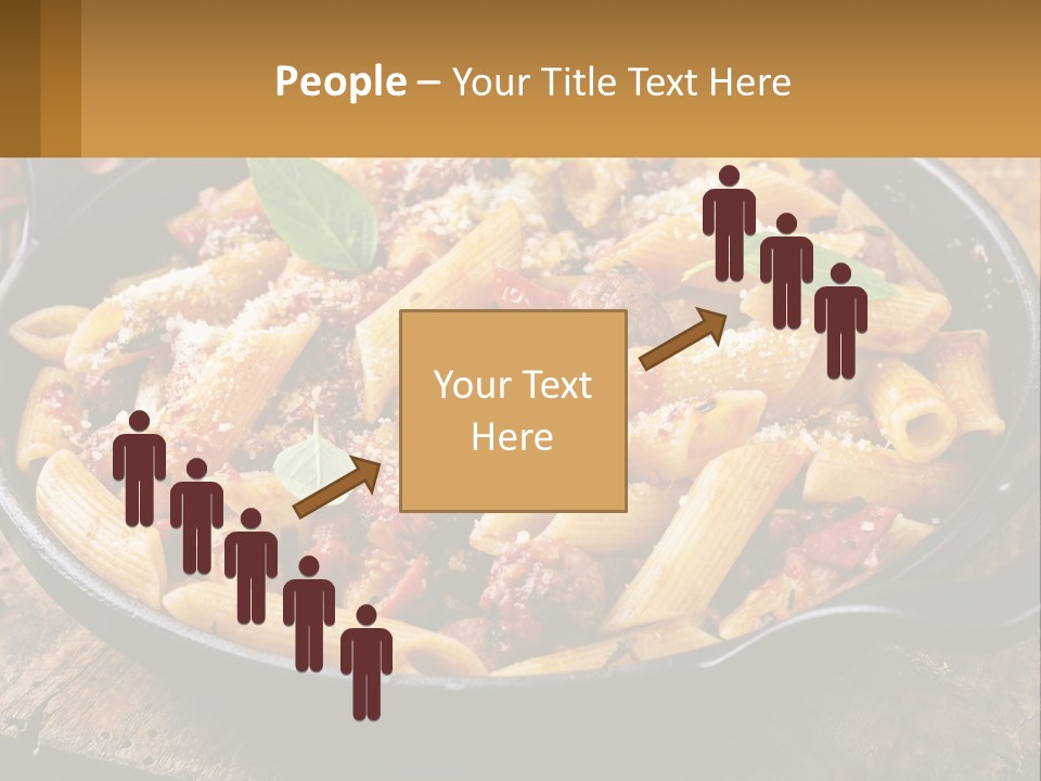 A Skillet Filled With Pasta And Meat On Top Of A Wooden Table PowerPoint Template