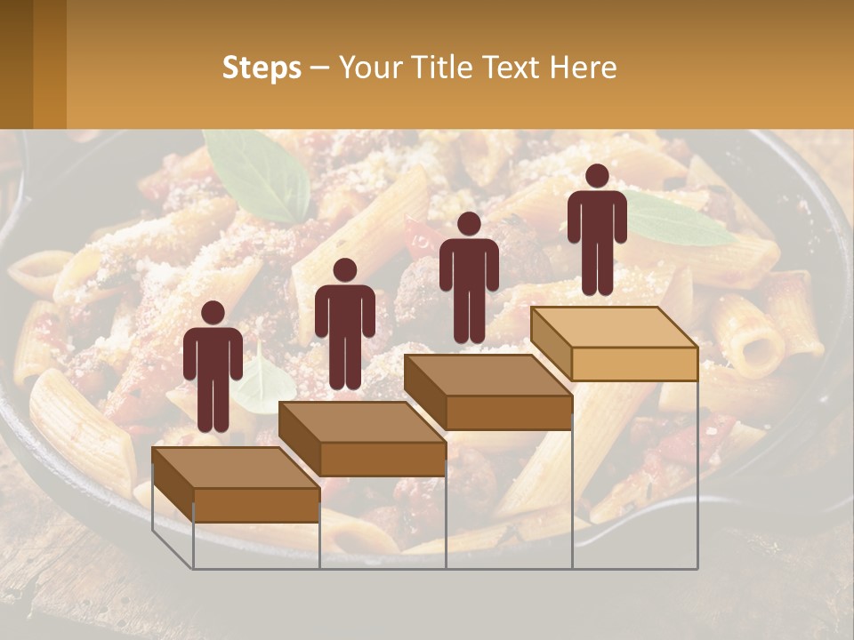 A Skillet Filled With Pasta And Meat On Top Of A Wooden Table PowerPoint Template