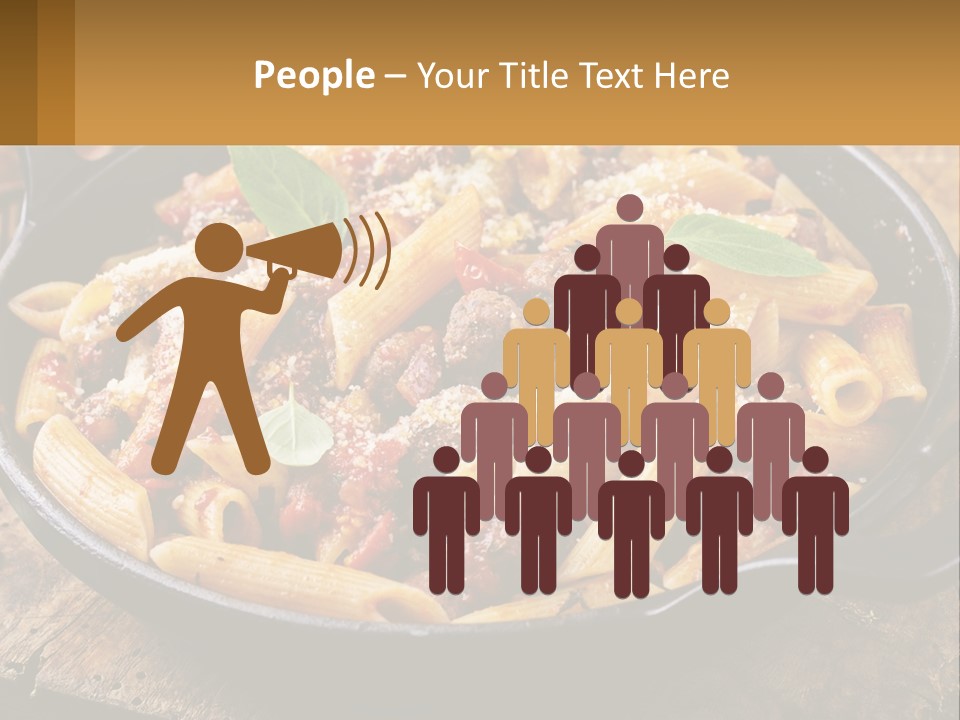 A Skillet Filled With Pasta And Meat On Top Of A Wooden Table PowerPoint Template