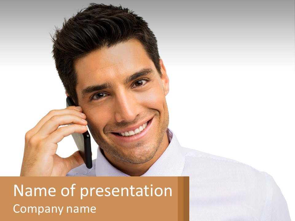 A Smiling Man Talking On A Cell Phone PowerPoint Template