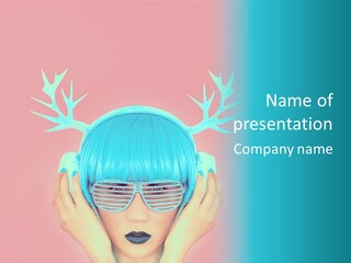 A Woman With Blue Hair And Sunglasses Is Holding Her Head PowerPoint Template