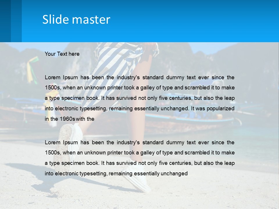 A Woman Walking On A Beach With Boats In The Background PowerPoint Template