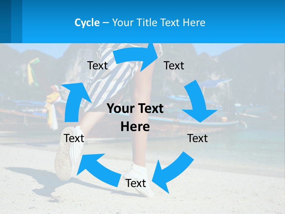 A Woman Walking On A Beach With Boats In The Background PowerPoint Template