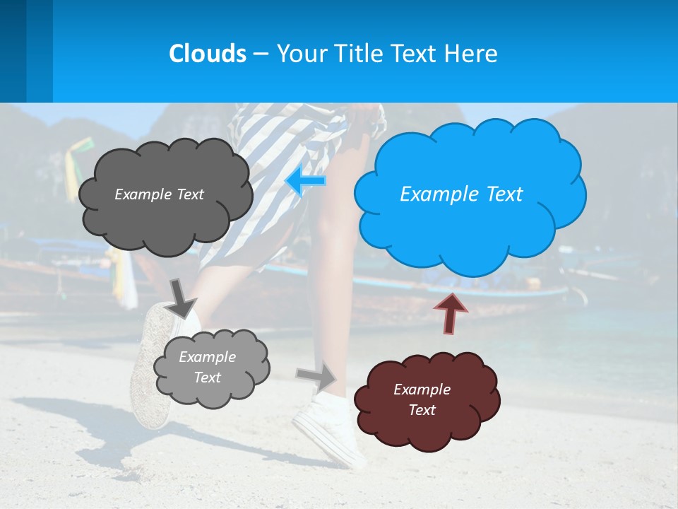 A Woman Walking On A Beach With Boats In The Background PowerPoint Template