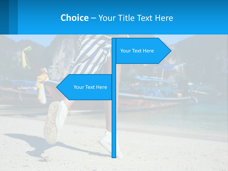 A Woman Walking On A Beach With Boats In The Background PowerPoint Template