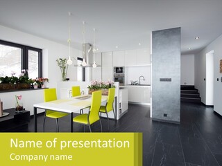 A White Table With Yellow Chairs In A Room PowerPoint Template