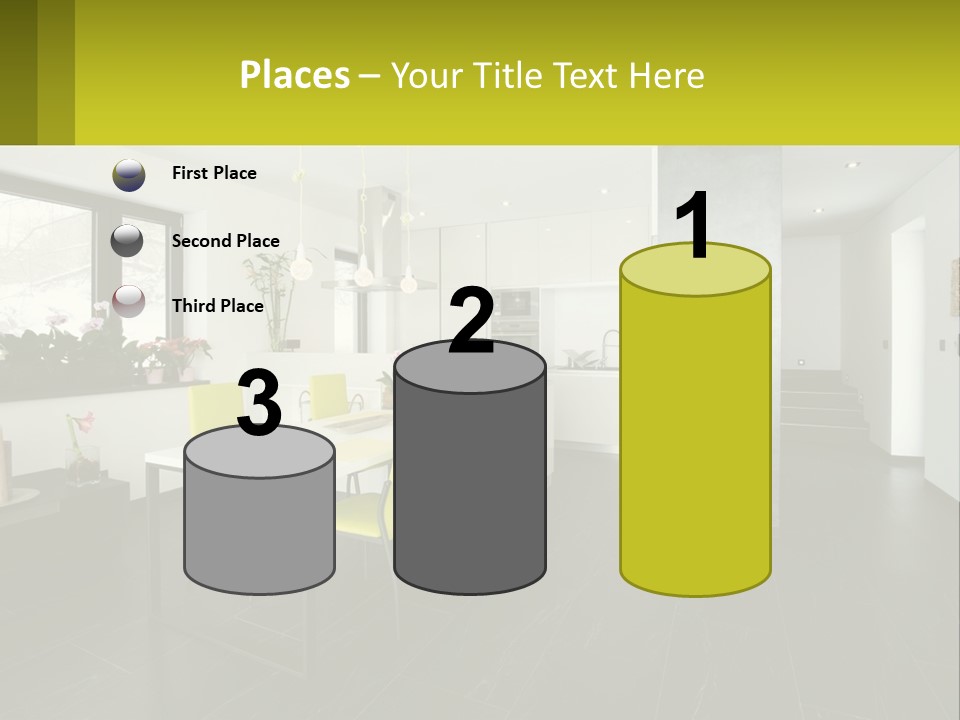 A White Table With Yellow Chairs In A Room PowerPoint Template