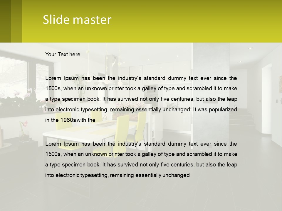 A White Table With Yellow Chairs In A Room PowerPoint Template