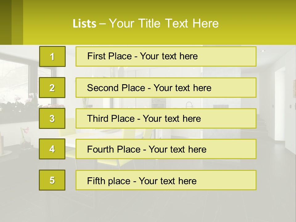 A White Table With Yellow Chairs In A Room PowerPoint Template