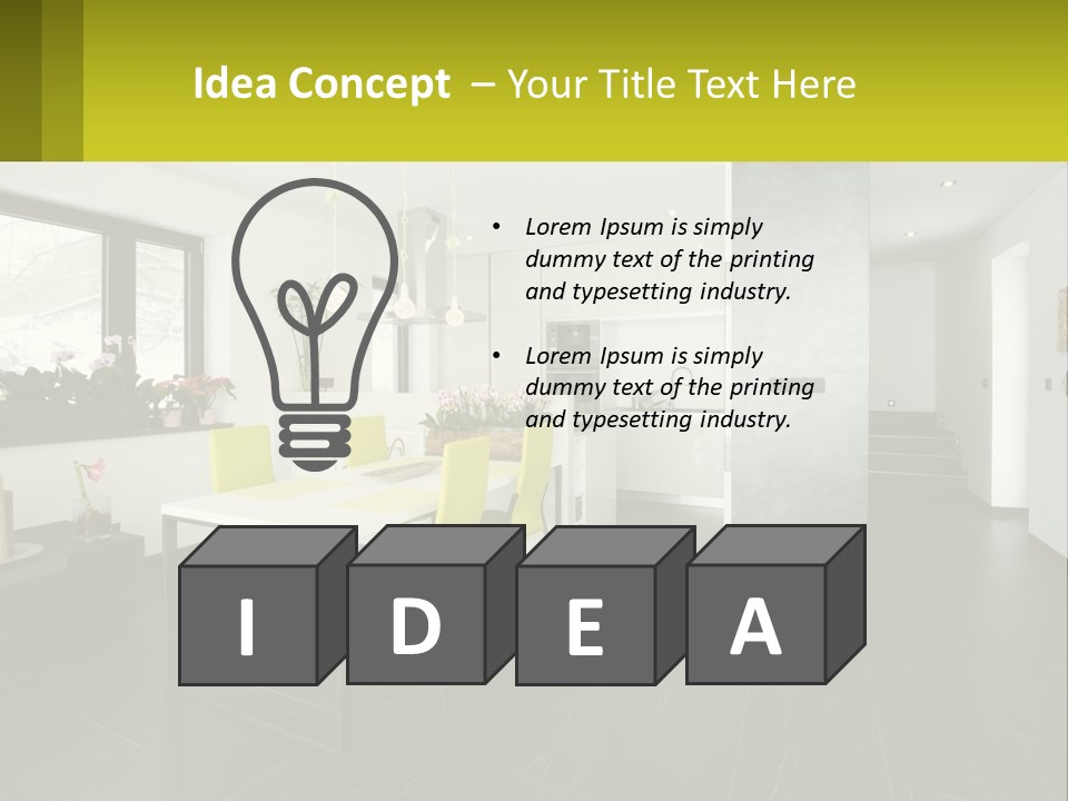 A White Table With Yellow Chairs In A Room PowerPoint Template