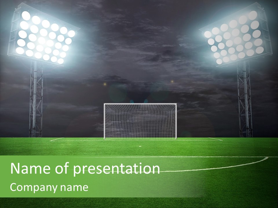 A Soccer Field With A Goal And Lights On It PowerPoint Template