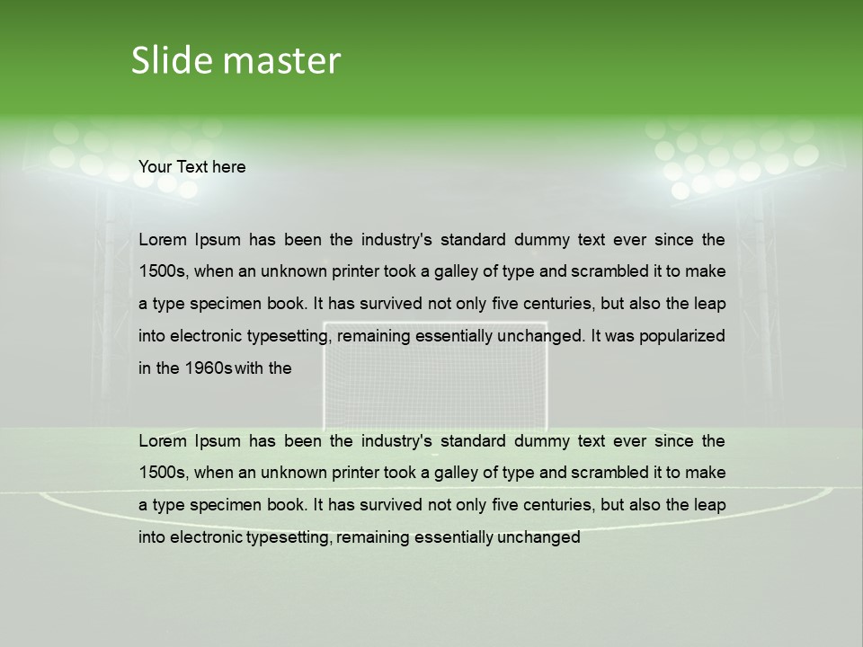 A Soccer Field With A Goal And Lights On It PowerPoint Template